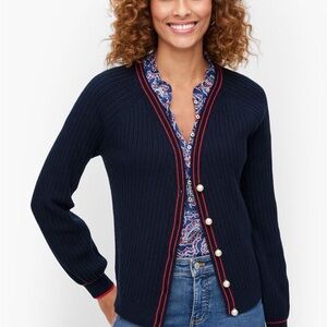 Women’s Talbots V-Neck Ribbed Cardigan Tipped Navy Red Stripe Pearl Button XL